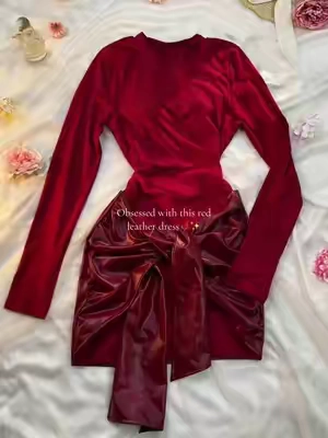 Obsessed with this red leather dress🌹✨ #longsleevedress #dress #patchworkdress #knotsidedress #longsleevedress #casualchic #womensclothes #allseasonstyle #dailywear #fashiondress #minimaliststyle #ootdfashion #reddress 