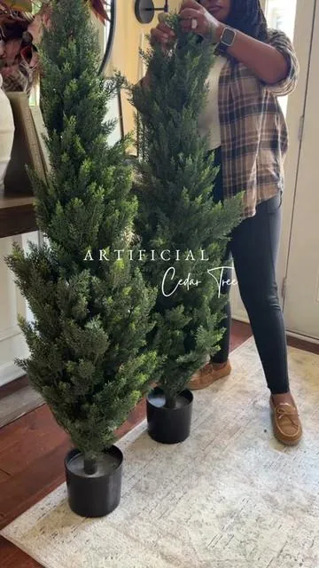 ✨Bringing cozy, year round greenery to my front porch with these new life like cedar trees 🌲  The branches are look so real and give the perfect welcoming vibe without any up keep♥️  #home #porchdecor #flowers #fall #homedecor 