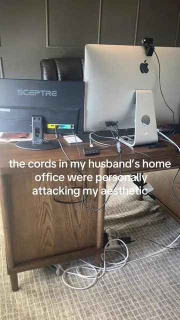 You know those office cords that ruin your whole aesthetic? Yeah, my husband had all of them. Instead of picking a fight, I picked baskets. Now his office looks calm, clean, and way less like a tech explosion. #marriagetricks #cordmanagementhack #homeofficetips #declutteryourspace #marriagetricks 