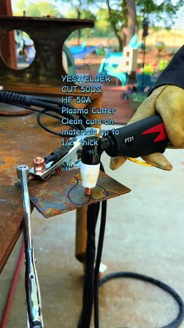 Yeswelder Cut 50DS 50Amp Plasma cutter makes nice thin clean cuts on material up to 1/2” thick.  This package comes with 2 extra tips electrodes and shields.  13’ lead on the plasma torch and 6’ ground cable.  #welding #plasmacutting #metalart #crafts #giftidea @smiles_by_amy @its_weldgirl 