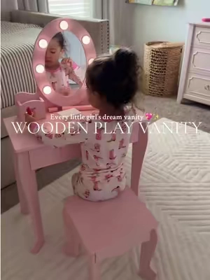 This pink wooden vanity set is the sweetest gift idea for the holidays 🎀 Comes with a light-up mirror, matching stool, and storage for all her pretend makeup & treasures — ON SALE TODAY! #KidsVanity #HolidayGiftIdeas #GirlsBedroomDecor #TikTokFinds #GiftForGirls 