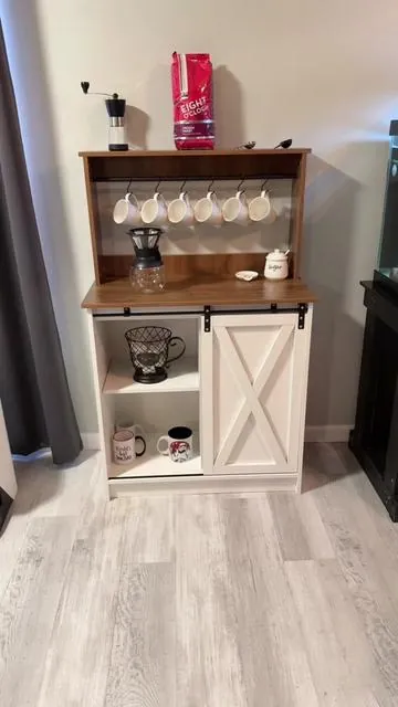 Farmhouse style coffee bar to free up counter space in your kitchen #coffeebar #farmhousedecor #smallspacefurniture 
