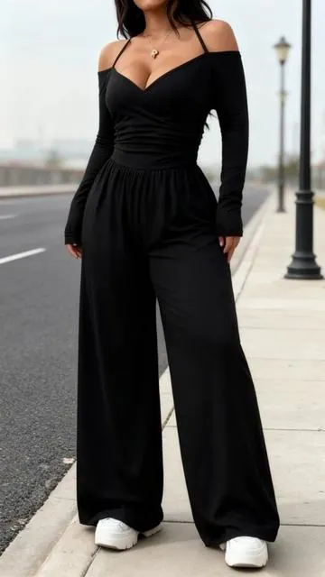 Women's Solid Color Off-Shoulder Ruched Wide Leg Casual Jumpsuit #jumpsuit #jumpsuitstyle #casualoutfits #tiktokshopblackfriday #ootd 