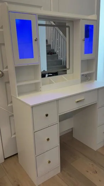Makeup Vanity Desk with Glass Cabinet Doors & Lightuo Mirror #spotlightfinds #grandopeningbfcm #tiktokshopcreatorpicks #tiktokshopblackfriday #tiktokshopcybermonday 