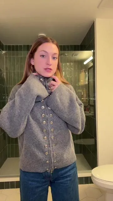 LOVE this studded high neck zip sweater!! I am 5’3” ~110 lbs wearing a small #sweateroutfit #oversizedsweater #zipsweater #fallsweaters #winteroutfit 
