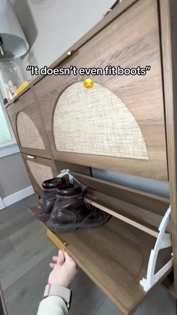 Slim rattan shoe cabinet for shoe storage that fits work boots! Perfect entryway cabinet that also stores shoes and fits boots!  #shoecabinet  #shoestorage  #entrywaytable  #tiktokshopholidayhaul  #tiktokshopcreatorpicks 