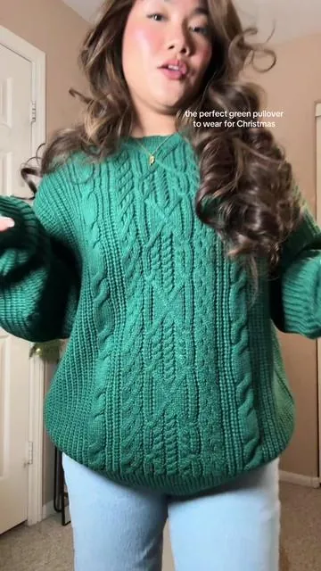 for my girls who don’t like red 🌟 this green cable knit sweater for Christmas is perfect #winterfashion #sweaterstyle #christmasfashion #outfitinspo   #creatorsearchinsights 