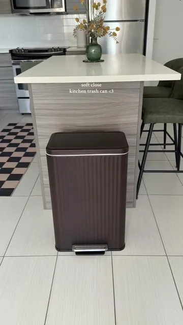 New kitchen trash can that is actually aesthetic, soft closing and the perfect size <3 this is a 13 gallon trash can, I got it in the brown color. It’s stainless steel and comes in other colors too #stainlesssteeltrashcan #trashcan #kitchentrashcan #trashbin #homeessentials 