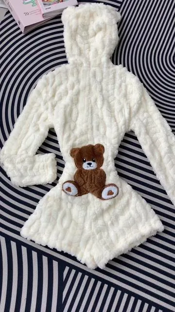 Teddy bear onesie, fuzzy & cute, ultimate cozy vibe! 🧸✨#womensfashion #teddybear #embroidery #jumpsuit #tiktokmademebuyit 