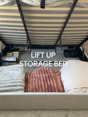 The easiest way to hide my comforter obsession 😆🤍  #shacerlin #shacerlinbed #liftupstoragebed #storagebed #bedframe 