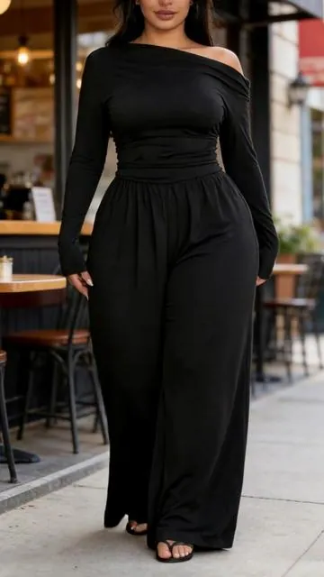 Women's Solid Color Knit Casual Asymmetrical Shoulder Long Sleeve Ruched Loose Fit Straight Leg Jumpsuit,#jumpsuit #streewear #OOTD #tiktokshopusa #spotlightfinds 