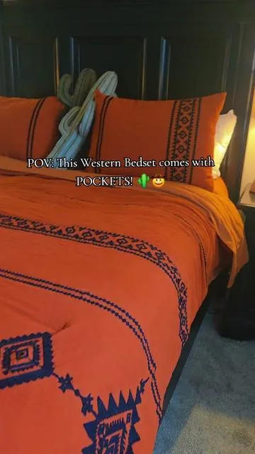 Love how this 7 pc Aztec bedset comes with POCKETS on both sides 🌵🤠 #westernstyle #western #aztec #westerndecor #homedecor   