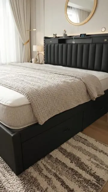 Elevate your bedroom setup with this smart bed frame! ✨ Enjoy efficient storage with 4 spacious drawers and a convenient storage headboard. Keep your devices powered up and close by with 2 USB and 1 Type-C charging port right in your bed. This upholstered platform design means no box spring needed and easy assembly. Ready for a smarter sleep space? Tap to shop! #bedframe #bedroomupgrade #storagesolutions #techbed #homecomfort #AIGC #Moras