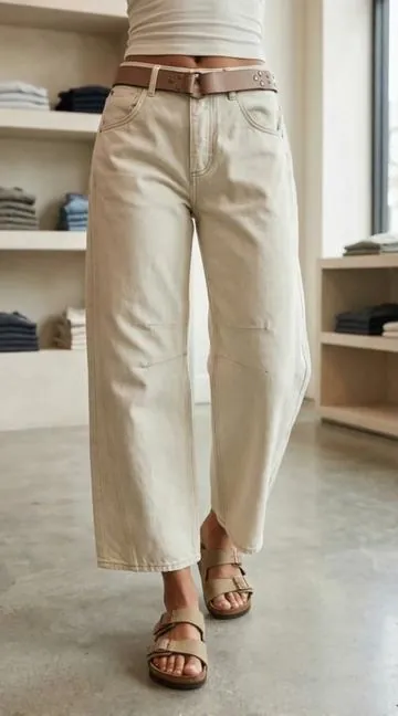 Solid Stitch Detail Mid Waist Crop Baby Barrel Pants Without Belt Casual #womenspants 