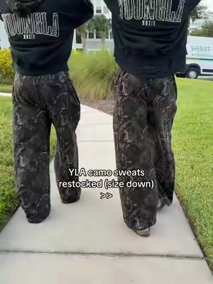 These come baggy so I recommend you size down. Both wearing size L at 6’2 and 5’10 for reference #camo #sweats #camosweats #youngla #yla