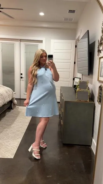 Thinking about wearing this as a second baby shower dress to change into 🤪🩵  #babyshower #bluedress #pregnant #bumpfriendly #dress 