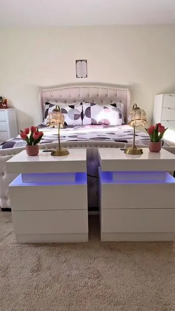 Upgrade your space with these VanAcc High Gloss LED Nightstands, featuring built-in charging stations and App-controlled lighting. The perfect blend of minimalist luxury and smart functionality for any modern bedroom or living room. #nightstands #ModernHome #BedroomDecor #SmartFurniture #InteriorDesign @VanAcc 