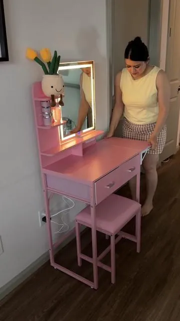 The prettiest mini vanity!!!  #vanitymirror #vanitymakeup #pinkvanity #vanitywithchair 