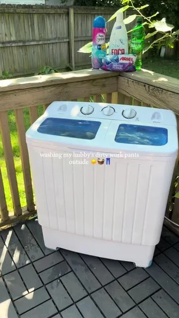 enjoying the sunshine while washing hubby's work clothes ☀️🧺🫧 #portablewashingmachine #cleantok #laundryday #SummerVibes #tiktokshopcreatorpicks 