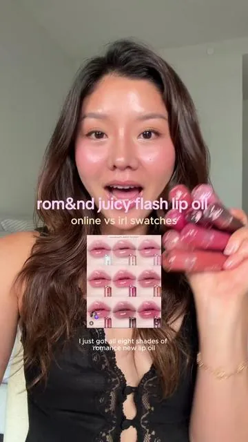 swatching all 8 shades on my BARE lips…..🤨 full formula review is in my previous video. Swatching new shades of the @Rom&nd US juicy flash lip oil. It's a super shiny, glossy formula that doesn't feel heavy/goopy on the lips.I love that each of the shades actually show up differently even on my pigmented lips!  #romand #makeup #beauty #lipoil #koreanlipoil 