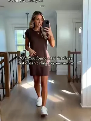 This loose curve-friendly brown tee dress won’t cling to your belly for effortless daily casual looks #CurvyTeeDress #CasualOOTD #NoClingDress #EverydayDress #dealsforyoudays 