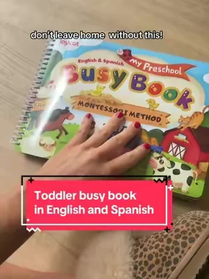 Montessori style toddler, preschool, busy book in English and Spanish! Use a Montessori method for learning and cut down on Screen Time for your toddler. #ScreenFree #ToddlerBusyBook #PreschoolBusyBook #SpanishBusyBook 
