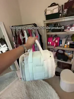 This toiletry bag even holds my full size products with PUMPS! #toiletrybag #travelbag #makeupbag #DealsForYouDays #SummerWins 