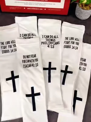Six pairs of Easter Faith ✝️ Bible arm sleeves 🙏 — perfect for Christian athletes 💪. High-quality, cooling, and comfortable for all sports and activities ☀️. Massively discounted 💸 — grab yours before they sell out!✨ #christianathlete #fellowshipofchristianathletes #athlete #armsleeve #tiktokshopfinds 