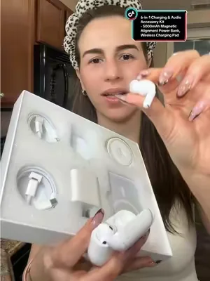 Envío gratis!!✅✨súper completo!! Kit de accesorios de carga y audio 6 en 1 Banco de energía de alineación magnética de 5000 mAh, plataforma de carga inalámbrica, auriculares Bluetooth, cables USB-C y USB-C a Lightning, adaptador, pegatina de anillo - Para iPhone y Android #powerbank #accessories #wirelessearbuds #earbuds #chargerfastcharging 