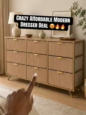 Fluted wooden modern dresser on a great sale rn 👀😍🙌🙌 #affordable #furniture #dealsforyoudays #storage #sale 