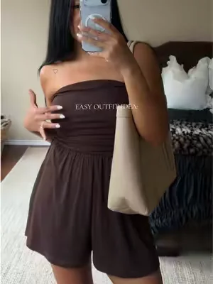 SIZE: M. COLOR: BROWN. The easiest summer uniform: a comfy stretchy romper! No zippers or buttons just a pull on outfit! I love taking things like this with me on vacation to style up or down with a swimsuit!! Easy Summer Outfit. Romper Outfit Idea. Romper Outfit Inspo. #romper #romperoutfit #easyoutfits #vacationoutfits #summeroutfit 