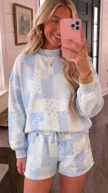 Asvivid Women Spring Fall Cozy Floral Patchwork Loungewear Two Piece Set Relaxed Drop Shoulder Ribbed Neck Long Sleeve Pullover Elastic Drawstring Shorts Casual Daily Matching Outfit #twopieceset #fallset #floralset #patchworkset 