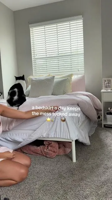 the best bedroom trick if you want to hide storage and feel like an interior designer ✨ I haven’t had to look at my ugly metal bedframe or underbed storage in over a year and I’ll never go back #fyp #bedskirt #bedding #storage #organization 