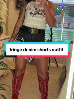 If you’re planning a country concert, rodeo, or festival… this outfit is a MUST. 🤠✨ The fringe shorts bring the sparkle, the turquoise boots steal the show, and the western belt ties the whole look together. I would wear this outfit over and over! #fringeshorts #westernstyle #cowgirlboots #dealsforyourdays 