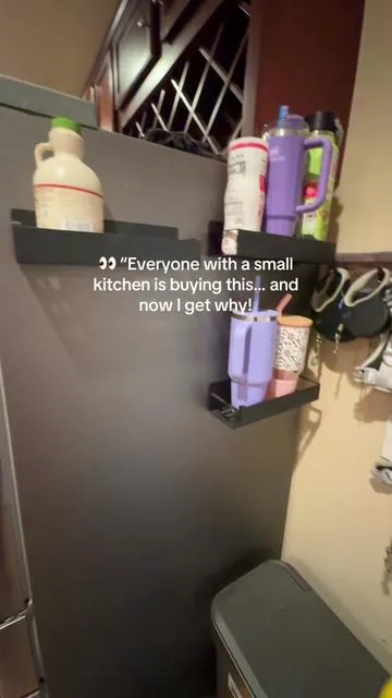 Transform unused space into instant storage with this Magnetic Organizer for your fridge, refrigerator, oven, or washing machine. This heavy-duty magnetic shelf keeps spices, seasonings, oils, paper towels, and everyday essentials within easy reach—no tools or drilling required.  #KitchenOrganization #KitchenHacks #HomeOrganization #MagneticShelf #SummerWins 