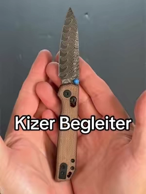 Kizer Begleiter 2.9 folding knife featuring an acid-washed Damascus blade, Norplex UltreX Micarta handle, Kizer Clutch Lock, and reversible deep-carry pocket clip. #Kizer #Begleiter #EDCKnife #DamascusKnife #EverydayCarry