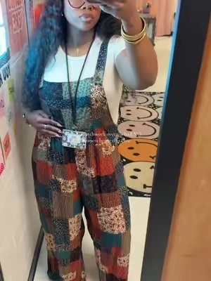 I fear TikTok Shop did it AGAIN 😭🤎 These patchwork overalls are giving cute, comfy, and effortless all at the same time. #Romper #TeacherOOTD #LeopardPrint #OOTD #WorkWearInspo