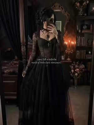 this dress is giving everything i wanted for fall 🖤 the details are so pretty and the whole look feels like dark romance in dress form. #darkromance #darkfeminine #falloutfits #gothfashion #alternativefashion 