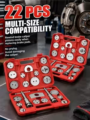 22-piece brake caliper piston tool kit. Effortlessly twist and retract rear twist-type caliper pistons. Compatible with most vehicle calipers. Ideal for DIY brake service and professional repair. Free shipping across US.#brakerepair #brakecalipertool #diyautorepair #mechanictools #garagetools     