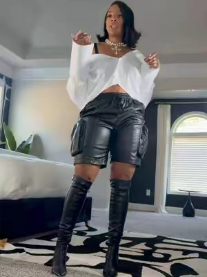 Faux Leather cargo shorts 🖤🖤 They have great stretch I’m wearing a size Medium 