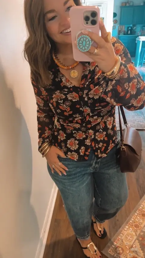 People are loving this sheer, button front floral top 😍 It’s stretchy mesh with bell sleeves. I love affordable fashion 🥰 I’m 5’3, 185 and a size large  #boho #bohostyle #affordablefashion #outfitsinspo #midsizefashion 