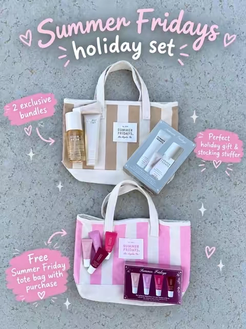 Limited edition sets!! While supplies last free summer Fridays tote bag with any holiday set @Summer Fridays #summerfridays #summerfridaysholiday #summerfridayslipbutterbalm #holidaygifts #holidaygiftguide 