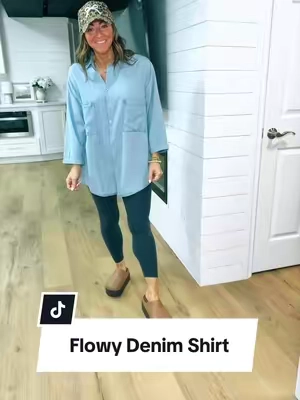 Perfect to throw over leggings! Would look cute under a puffer vest too. I’m 5’2” 127-130 in a Medium #denimshirt #oversizedshirt #leggingsoutfit #falloutfits #modestfashion 