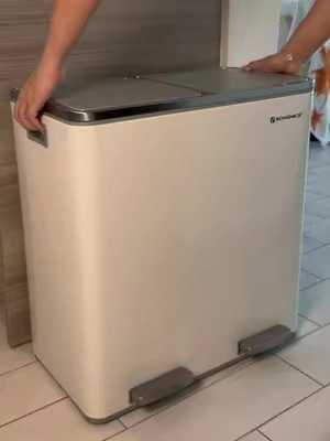Didn’t think a trash can could make my kitchen look this much better 😭 it has two compartments, comes with trash bags, and the little stickers are such a cute touch. #KitchenFinds #HomeFinds #trashcan #trashbin #HomeFinds 