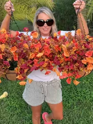 2 piece artificial hanging flower baskets. Comes with flowers and hanging basket! #flowerbasket #artificialflowers #fallflowers 