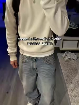 cream on top faded denim below #creamknit #baggyjeans #knitwear #menswear #fitcheck 