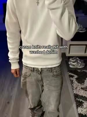 cream on top faded denim below #creamknit #baggyjeans #knitwear #menswear #fitcheck 