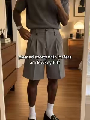 grey pleats white socks black loafers #pleatedshorts #loafers #SummerFit #menswear #fitcheck 