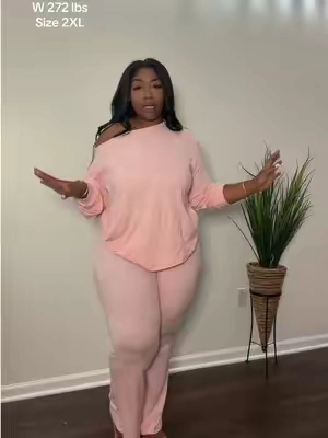 This two-piece women's lounge set is so comfy! The fabric is incredibly soft and stretchy. Just for reference, I'm 5'6" and 272 lbs, wearing a 2XL. What do you all think? #loungeset #twopiece #sohochic #plussizefashion #loungewear 