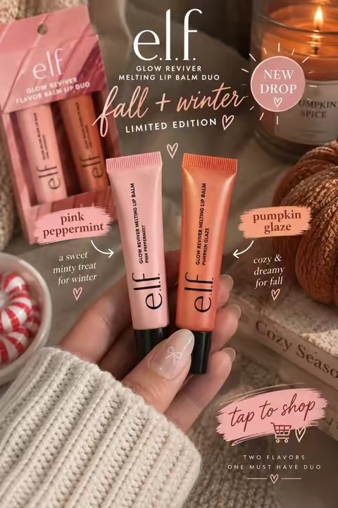 Pumpkin glaze ✨ 🧡& pink peppermint💕❤️? 👀Thank goodness we don’t have to choose! 🤌🏼 ✨ 🎃 🍬 limited time only!! #elfcosmetics #giftsforher #holidaymakeup #elfglowreviverlipbalm #elflipgloss 